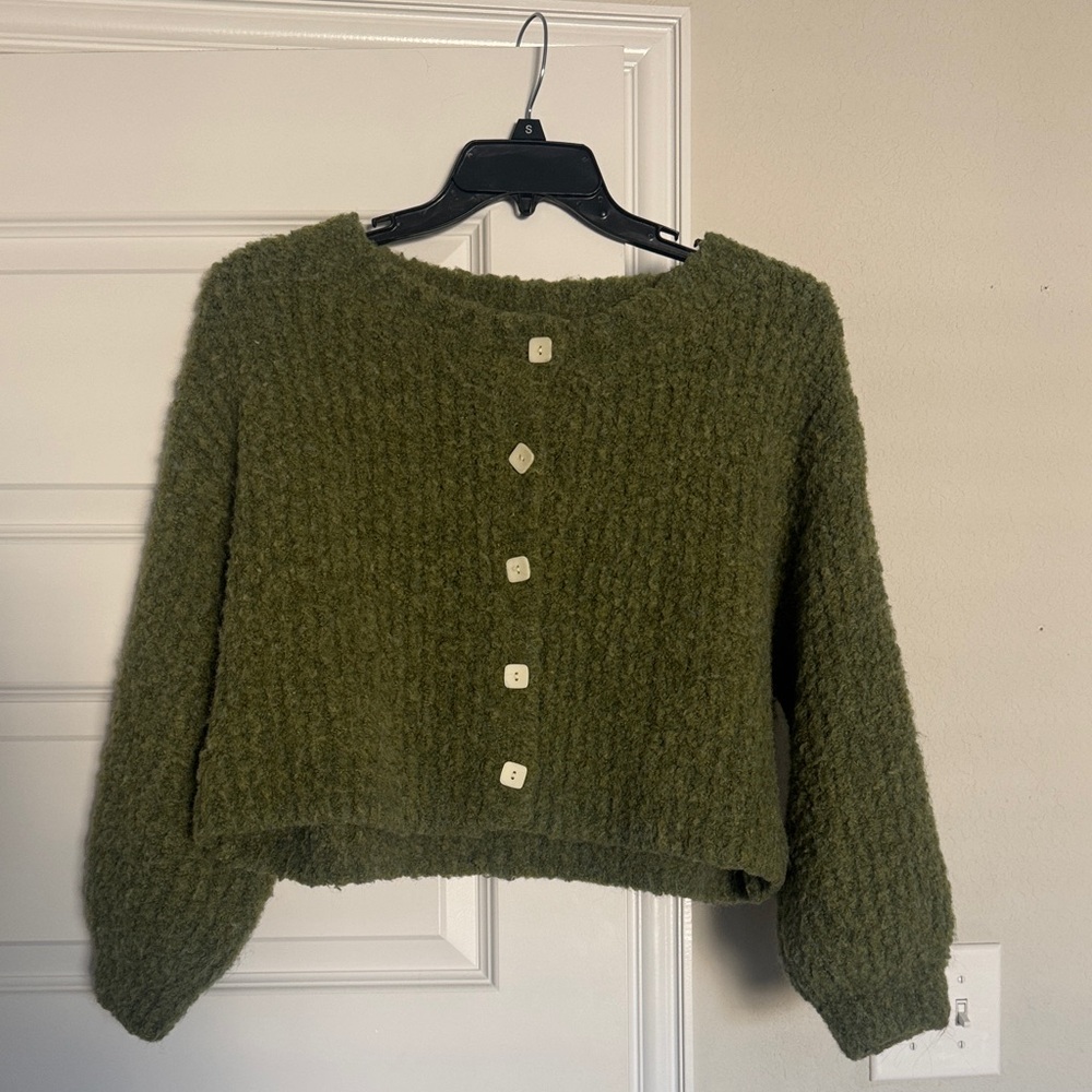 Olive Green Button-Back Cozy Knit Cardigan